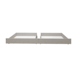 Cajones de cama FLEXA en color gris para camas individuales o literas, con diseño seguro para niños, mostrados uno al lado del otro sobre un fondo blanco.