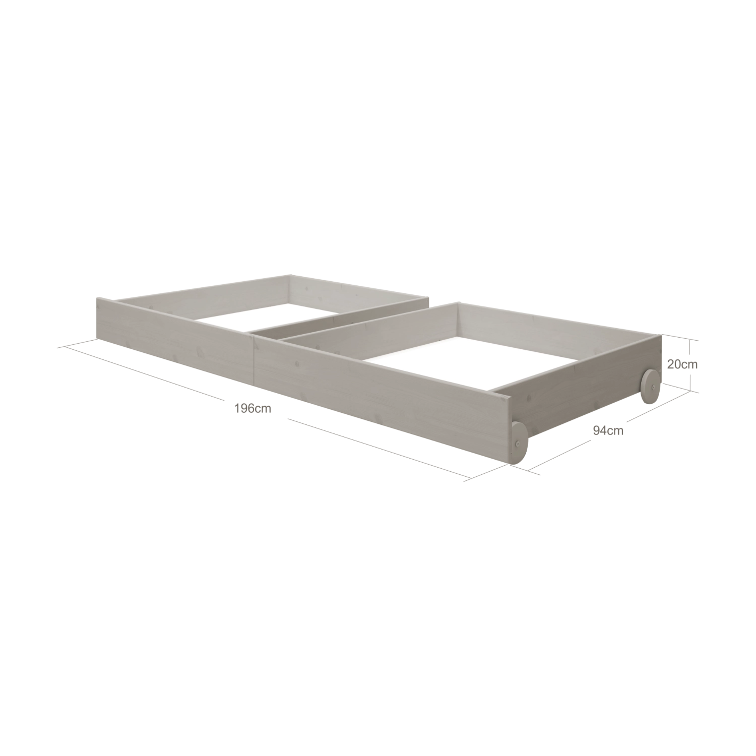 Cajones de almacenamiento para debajo de la cama FLEXA, colección CLASSIC, de pino macizo gris con ruedas, mostrados en un dormitorio infantil.