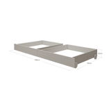 Cajones de almacenamiento para debajo de la cama FLEXA, colección CLASSIC, de pino macizo gris con ruedas, mostrados en un dormitorio infantil.