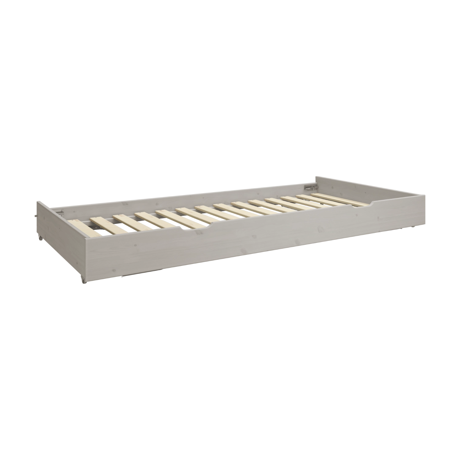Lit gigogne FLEXA de la gamme CLASSIC, en bois gris avec sommier à lattes, présenté dans une chambre denfant, aux bords arrondis pour une sécurité optimale des enfants.