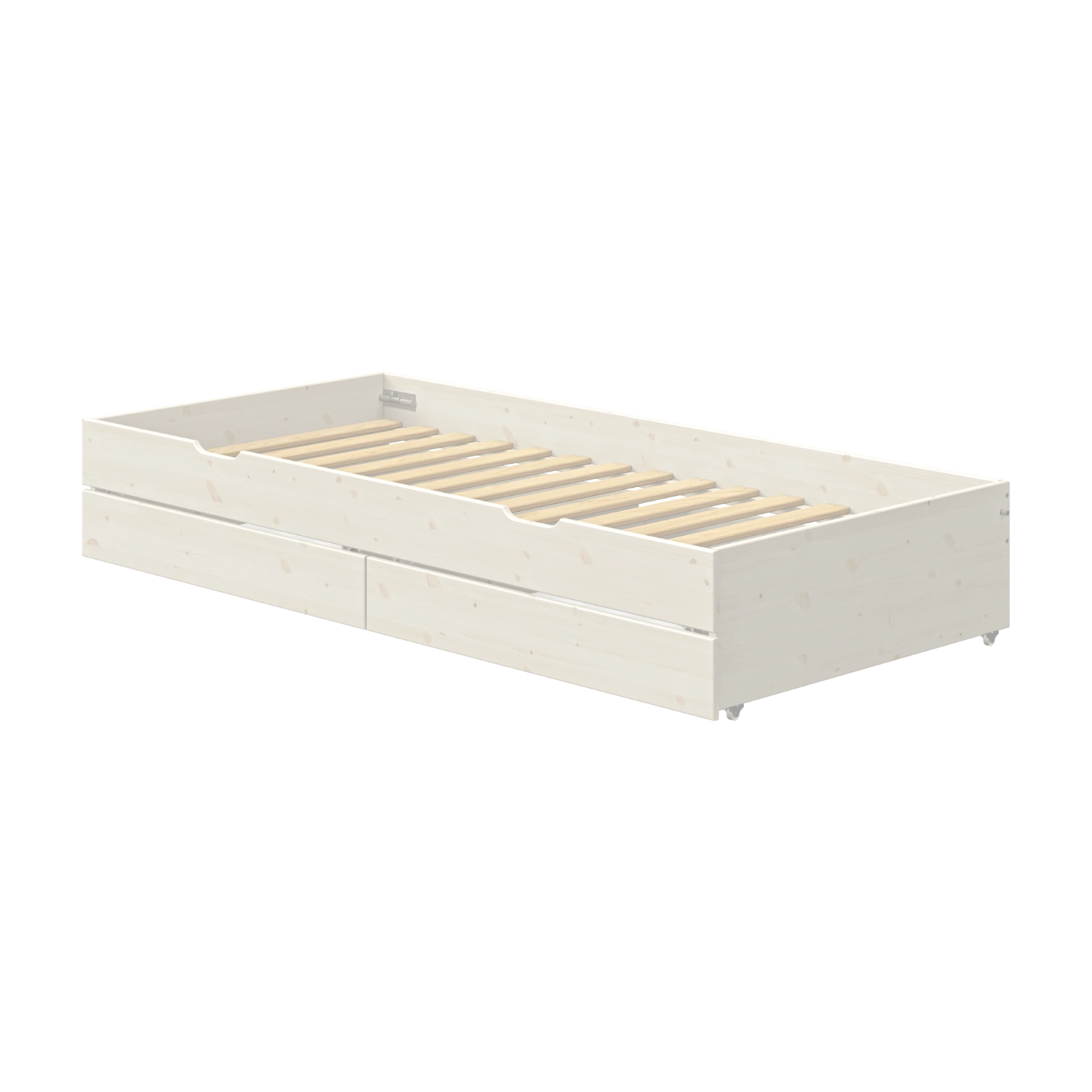 FLEXA pull-out bed, WHITE, with two drawers, wooden slats; child-friendly design for a kids’ room.