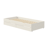 FLEXA pull-out bed, WHITE, with two drawers, wooden slats; child-friendly design for a kids’ room.