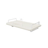 Mesita de noche FLEXA de la colección WHITE, de MDF de madera clara con soportes metálicos blancos, que se fija de forma segura junto a la cama.