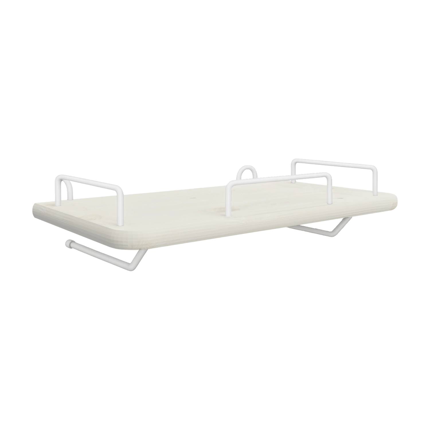 Mesita de noche FLEXA de la colección FLEXA, en MDF blanco con rieles y ganchos metálicos; diseño elegante y seguro para los niños, ideal para habitaciones modernas.