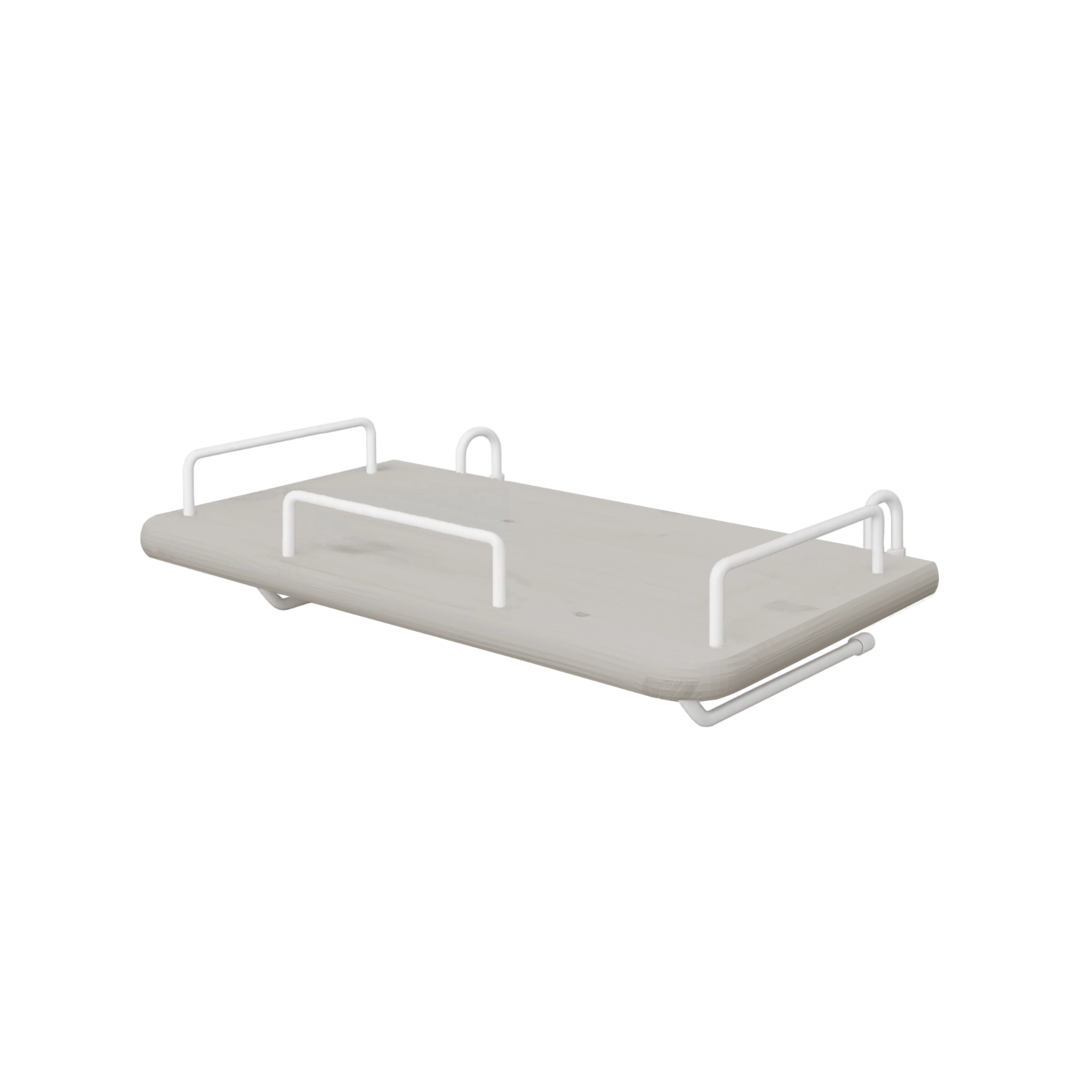 Bandeja de mesilla FLEXA de la colección GREY, de MDF gris con cuatro tiradores metálicos blancos y bordes seguros para los niños, junto a la cama.