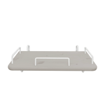 Mesita de noche FLEXA, de MDF gris con bordes redondeados y tiradores de metal blancos; diseño seguro para niños, ideal para el dormitorio.