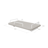 FLEXA bedside tray, grey MDF, white metal handles, hangs by bed; child-safe with smooth edges for kids’ rooms.