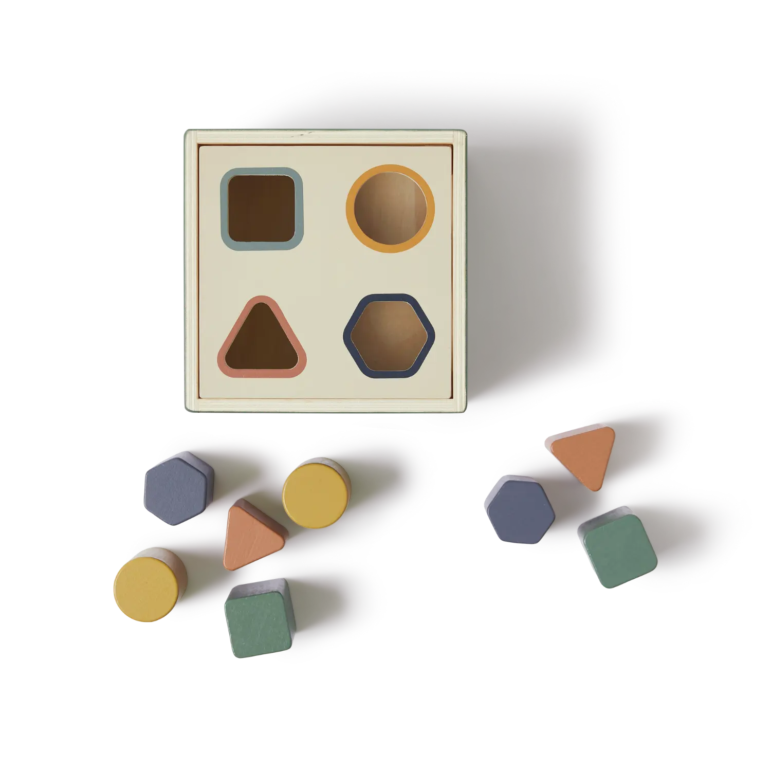 Wooden Shape Sorting box, 10 pcs, Handpainted, Green PLAY wooden-shape-sorting-box-multicolors-natural-wood  flexa-com.myshopify.com
