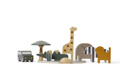 Safari-Tiere und Jeep aus Holz