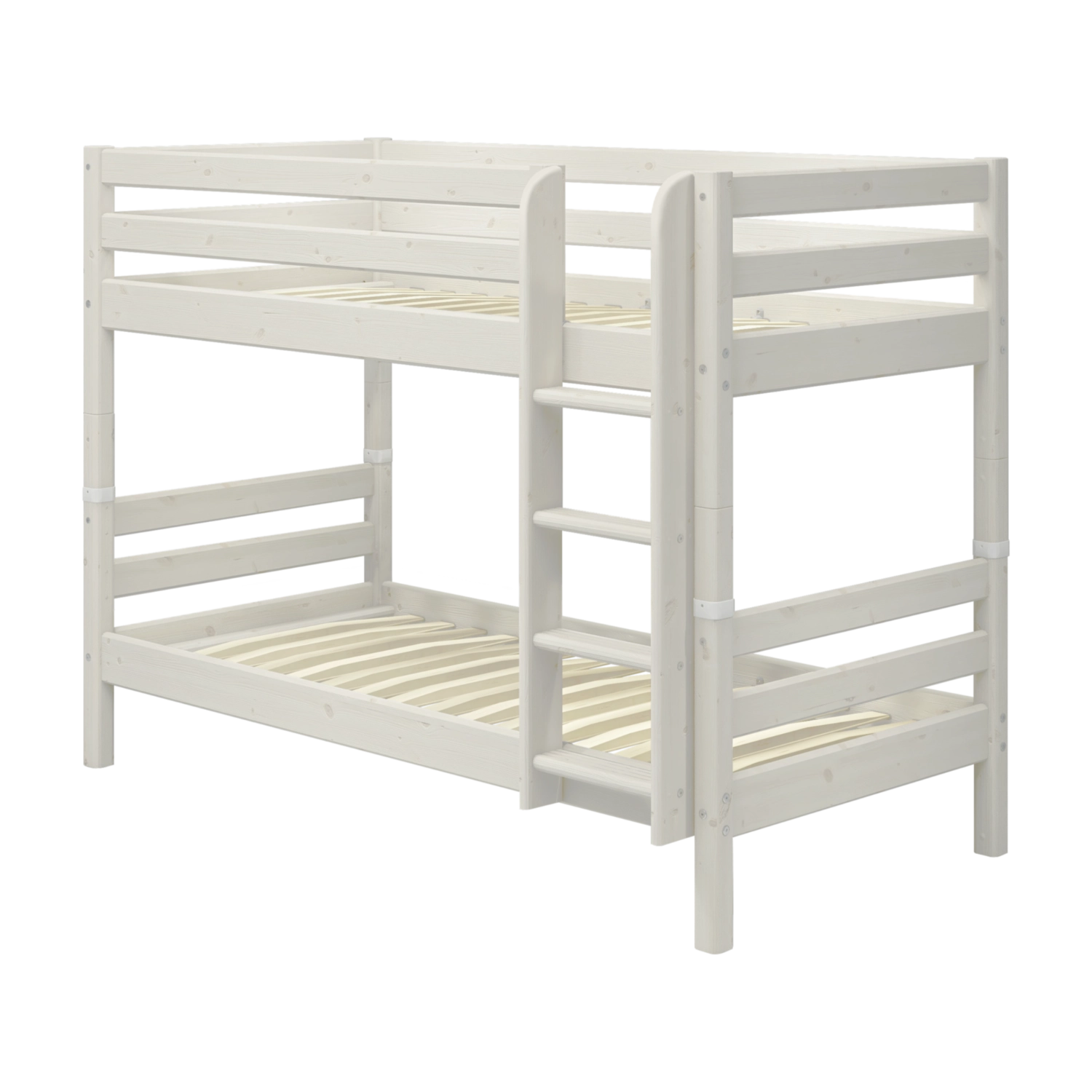 Escalera y patas blancas para litera FLEXA, de pino macizo con peldaños antideslizantes, mostradas en un dormitorio infantil.