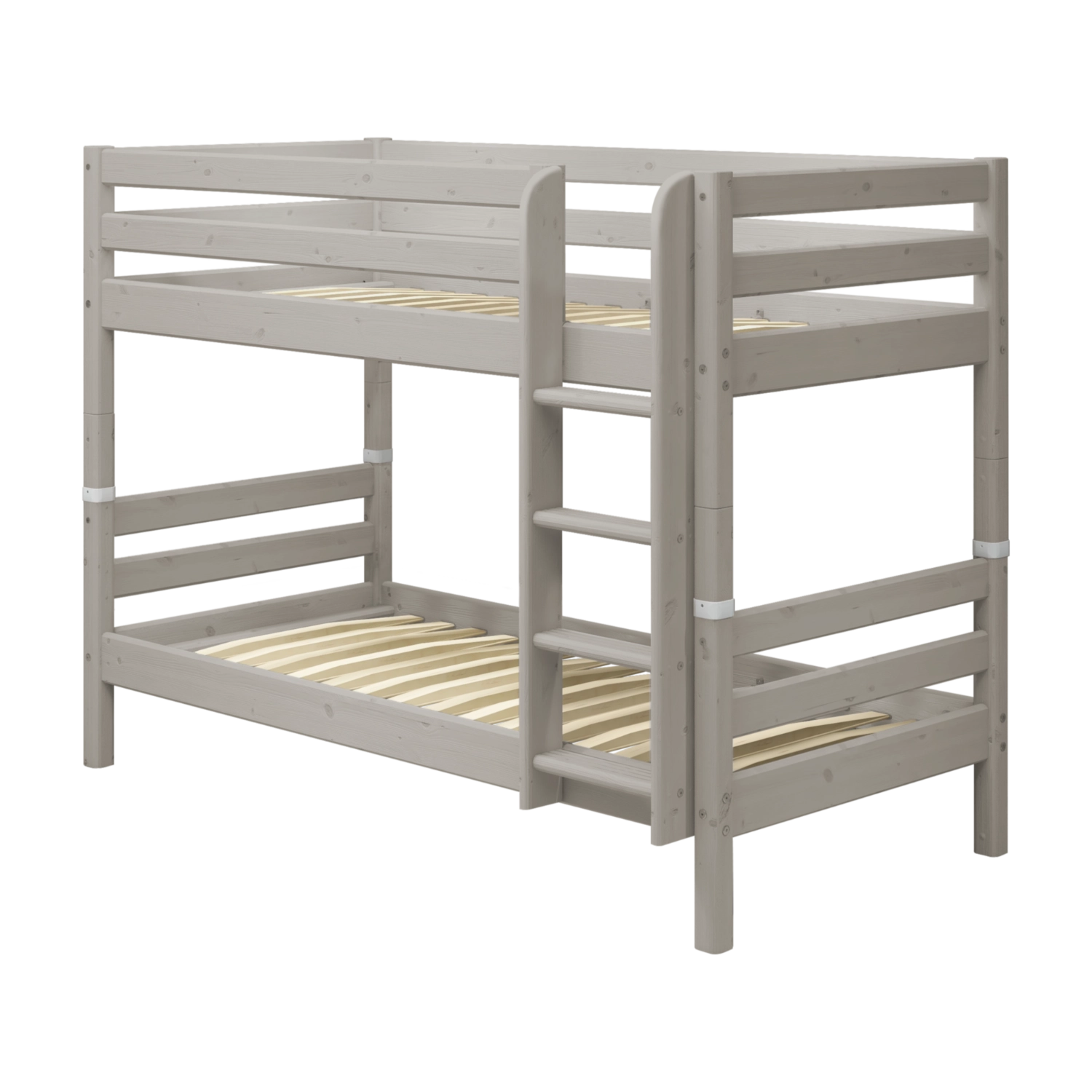 Échelle et pieds pour lit superposé FLEXA Classic en pin gris, marches antidérapantes à droite, sécurité enfants garantie pour la chambre denfant.