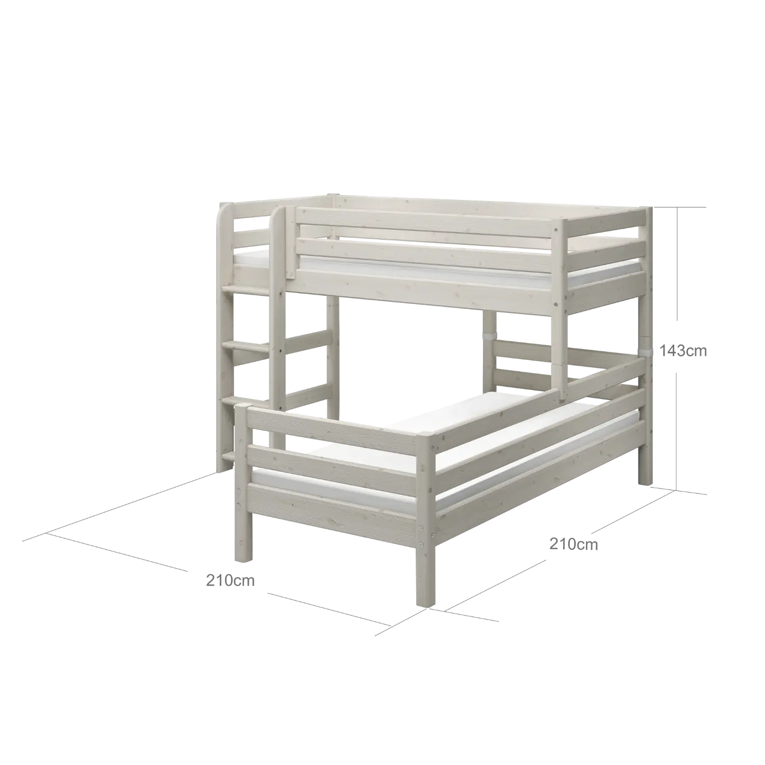 Bunk Bed 143 cm with Ladder and Safety Rail, 90x200 cm, White BUNKBED semi-high-bed-w-straight-ladder-white-washed-1  flexa-com.myshopify.com