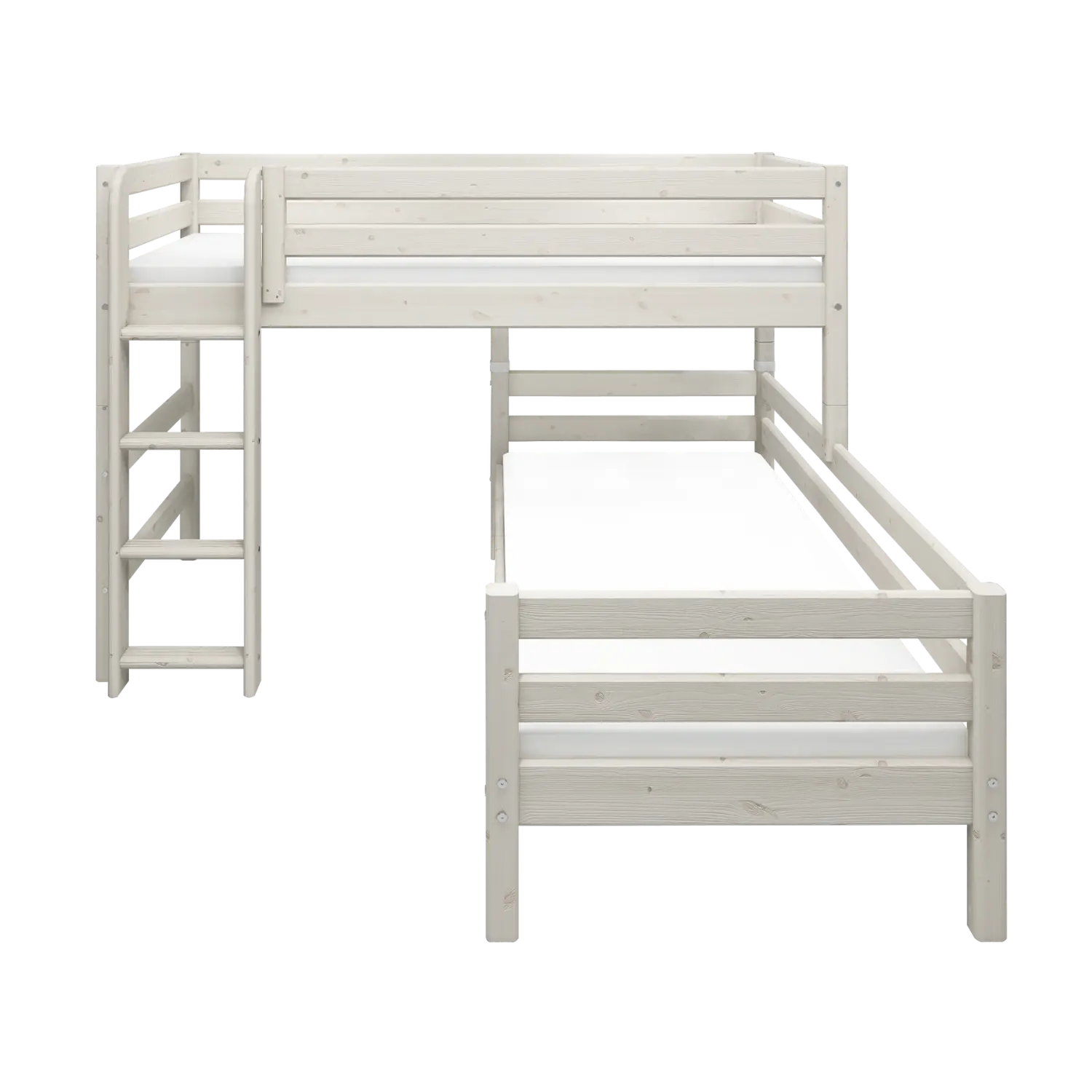 Bunk Bed 143 cm with Ladder and Safety Rail, 90x200 cm, White BUNKBED semi-high-bed-w-straight-ladder-white-washed-1  flexa-com.myshopify.com