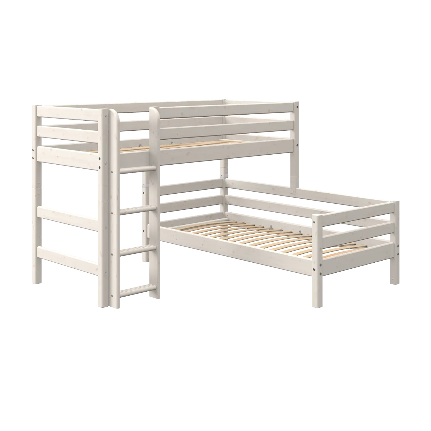 Bunk Bed 143 cm with Ladder and Safety Rail, 90x200 cm, White BUNKBED semi-high-bed-w-straight-ladder-white-washed-1  flexa-com.myshopify.com