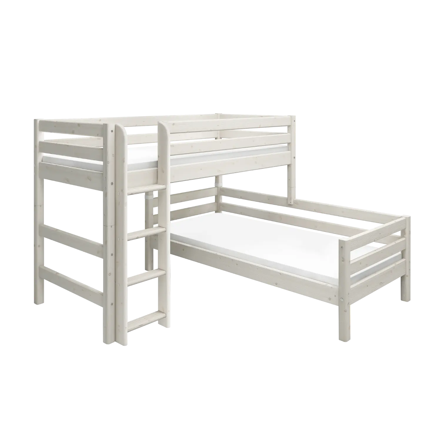 Bunk Bed 143 cm with Ladder and Safety Rail, 90x200 cm, White BUNKBED semi-high-bed-w-straight-ladder-white-washed-1  flexa-com.myshopify.com