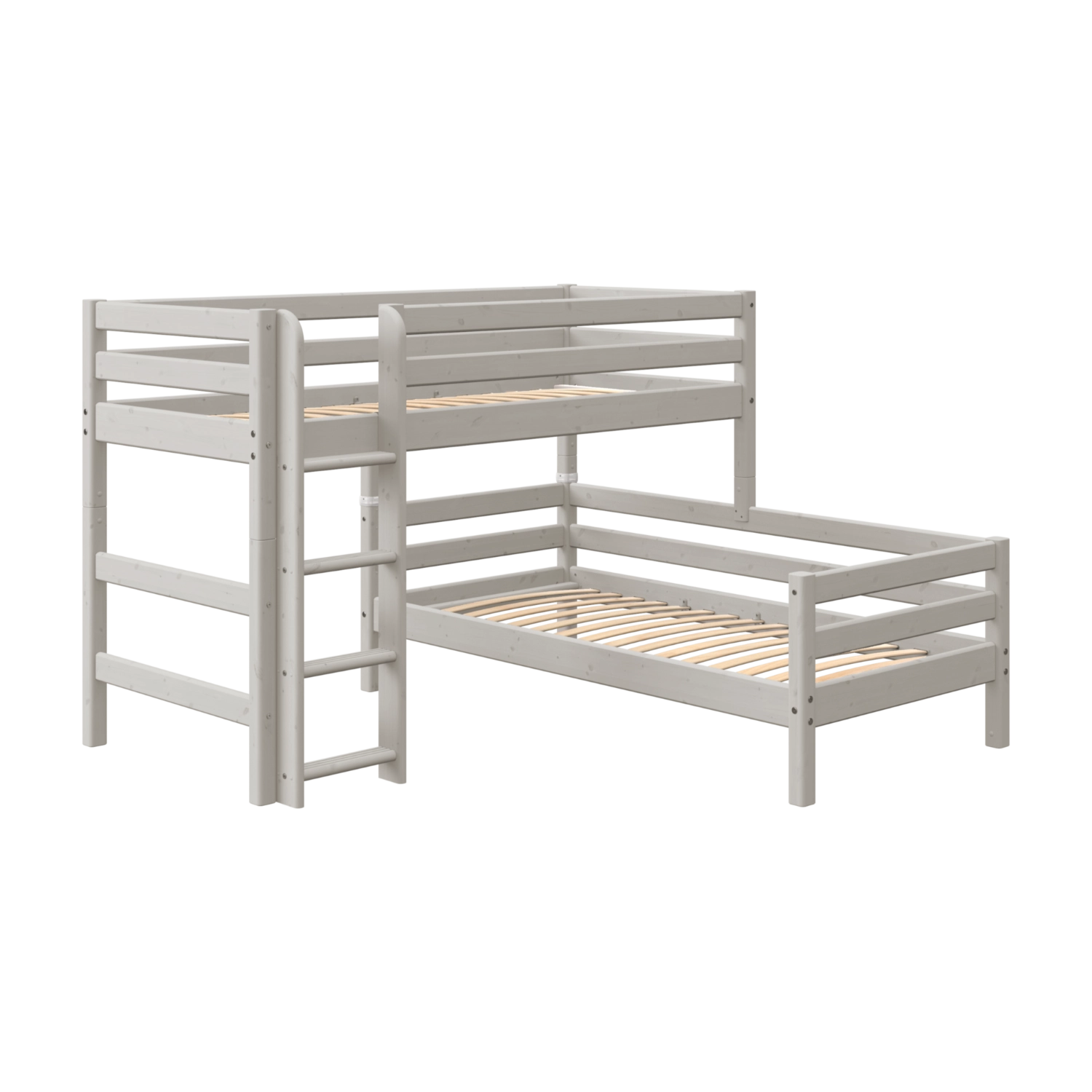 Pieds de lit surélevés FLEXA gris, collection GREY, conception robuste et sûre pour les enfants, présentés sur fond blanc.