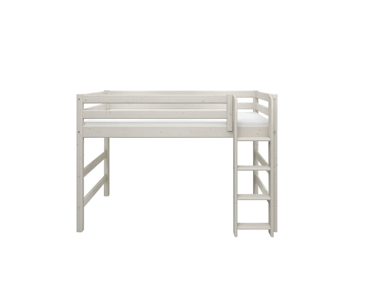 Semi-high Bed with Straight Ladder and Safety Rail, 90x200 cm, White