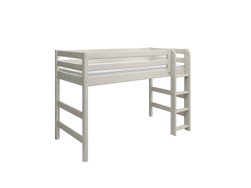 Semi-high Bed with Straight Ladder and Safety Rail, 90x200 cm, White