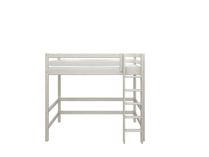 High Bed with Straight Ladder and Safety Rail, 90x200 cm, White