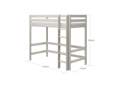 High Bed with Straight Ladder and Safety Rail, 90x200 cm, White