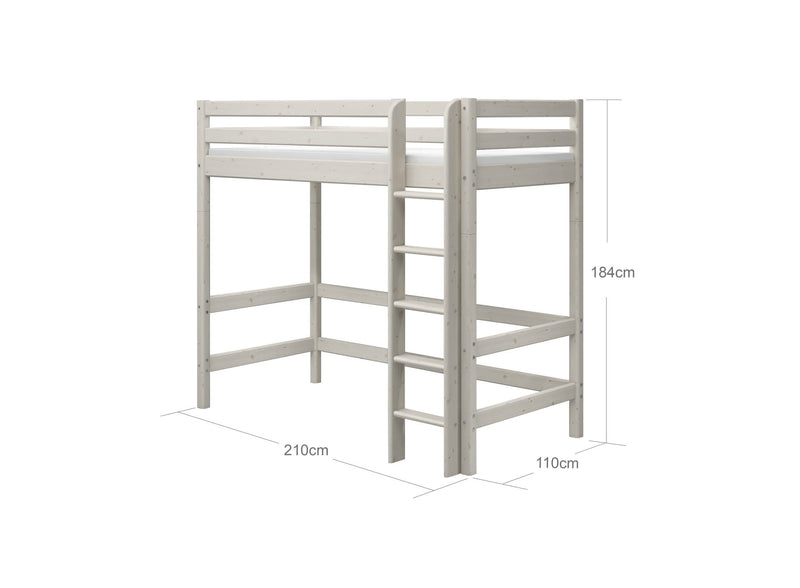 High Bed with Straight Ladder and Safety Rail, 90x200 cm, White