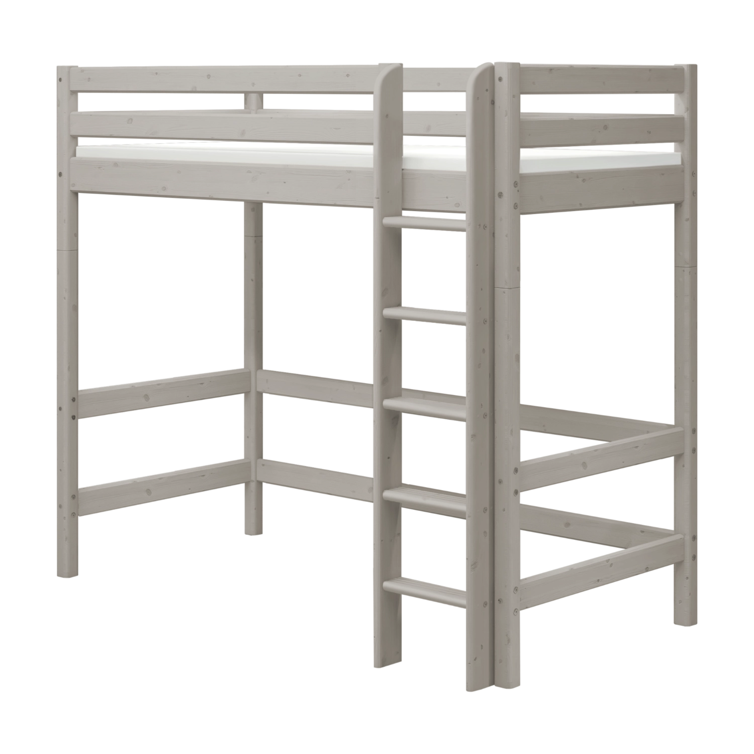 Cama alta FLEXA de pino gris con escalera, barandillas de seguridad para niños y espacio libre debajo; se muestra sobre fondo blanco.