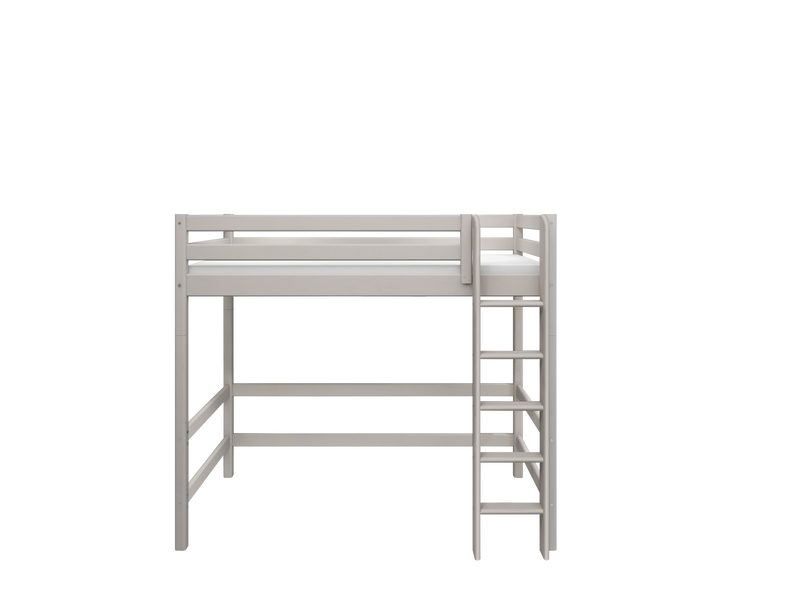 High Bed with Safety Rails and Straight Ladder, 90x200 cm, Grey