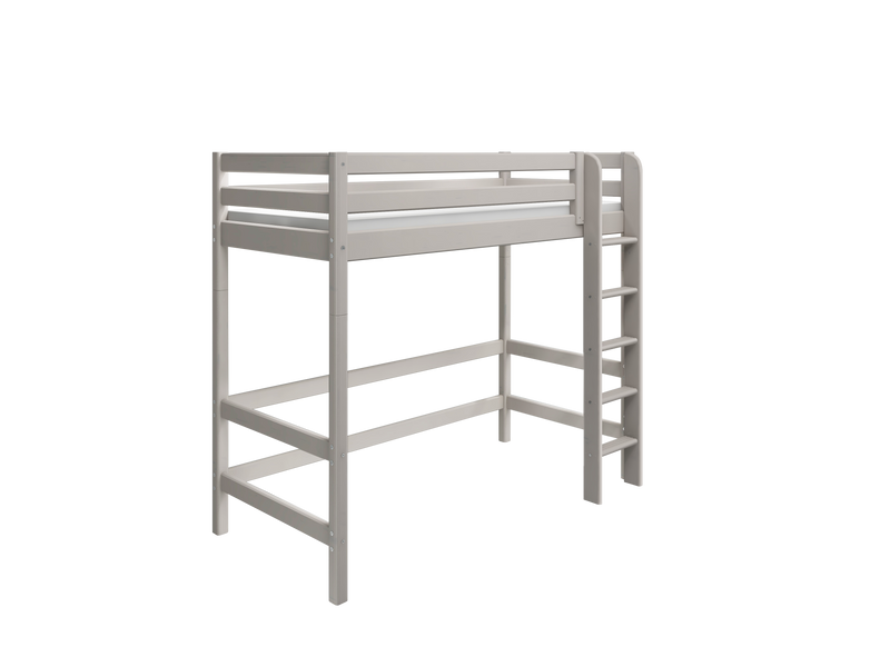 High Bed with Safety Rails and Straight Ladder, 90x200 cm, Grey