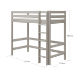 Cama alta 184 cm con barrera de seguridad y escalera, 90x200 cm, Gris