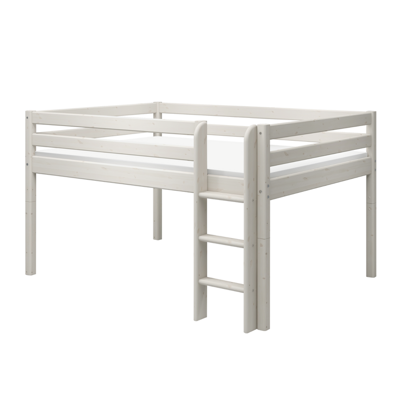 Mid-high Bed with Safety Rails and Straight Ladder, 140x200 cm, White