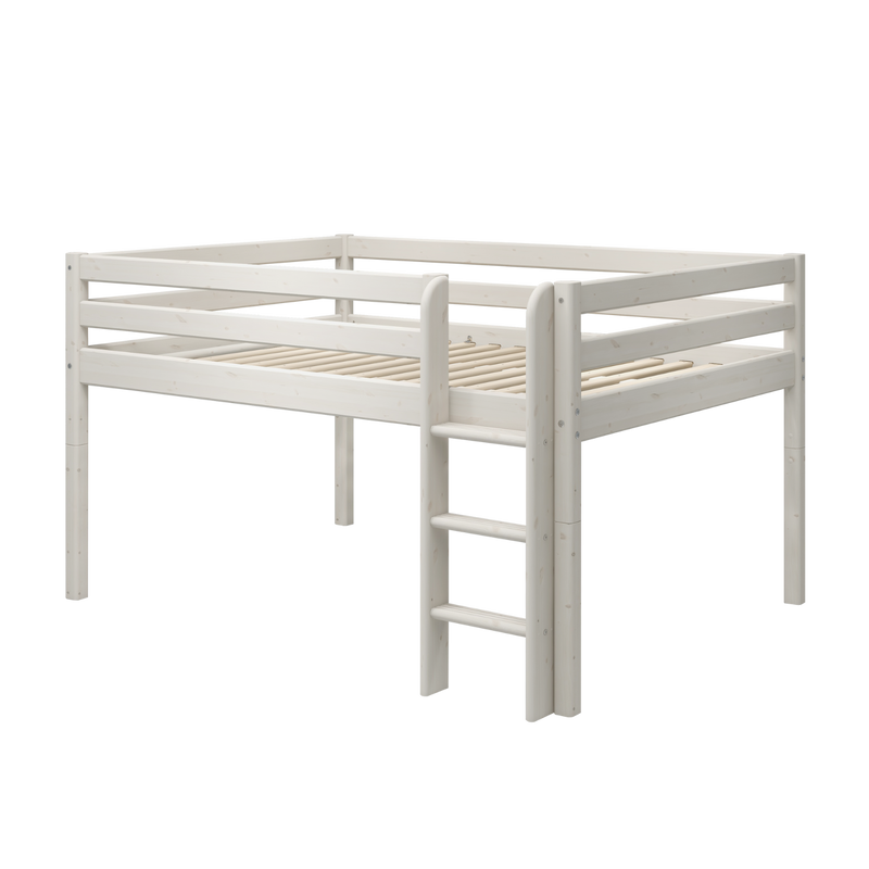 Mid-high Bed with Safety Rails and Straight Ladder, 140x200 cm, White