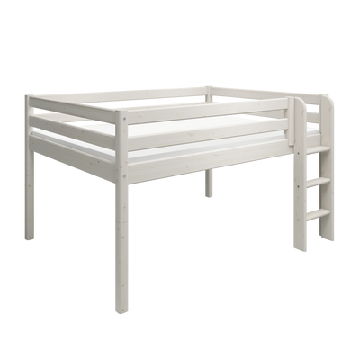 Mid-high Bed with Safety Rails and Straight Ladder, 140x200 cm, White