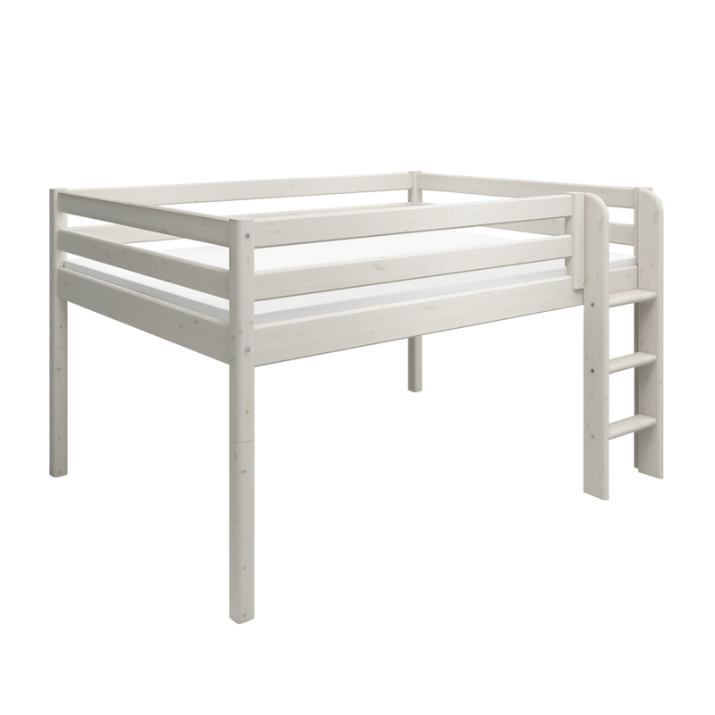 Mid-high Bed with Safety Rails and Straight Ladder, 140x200 cm, White