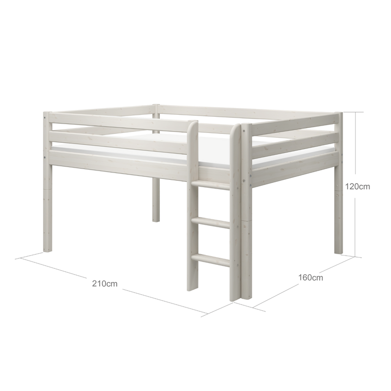 Mid-high Bed with Safety Rails and Straight Ladder, 140x200 cm, White