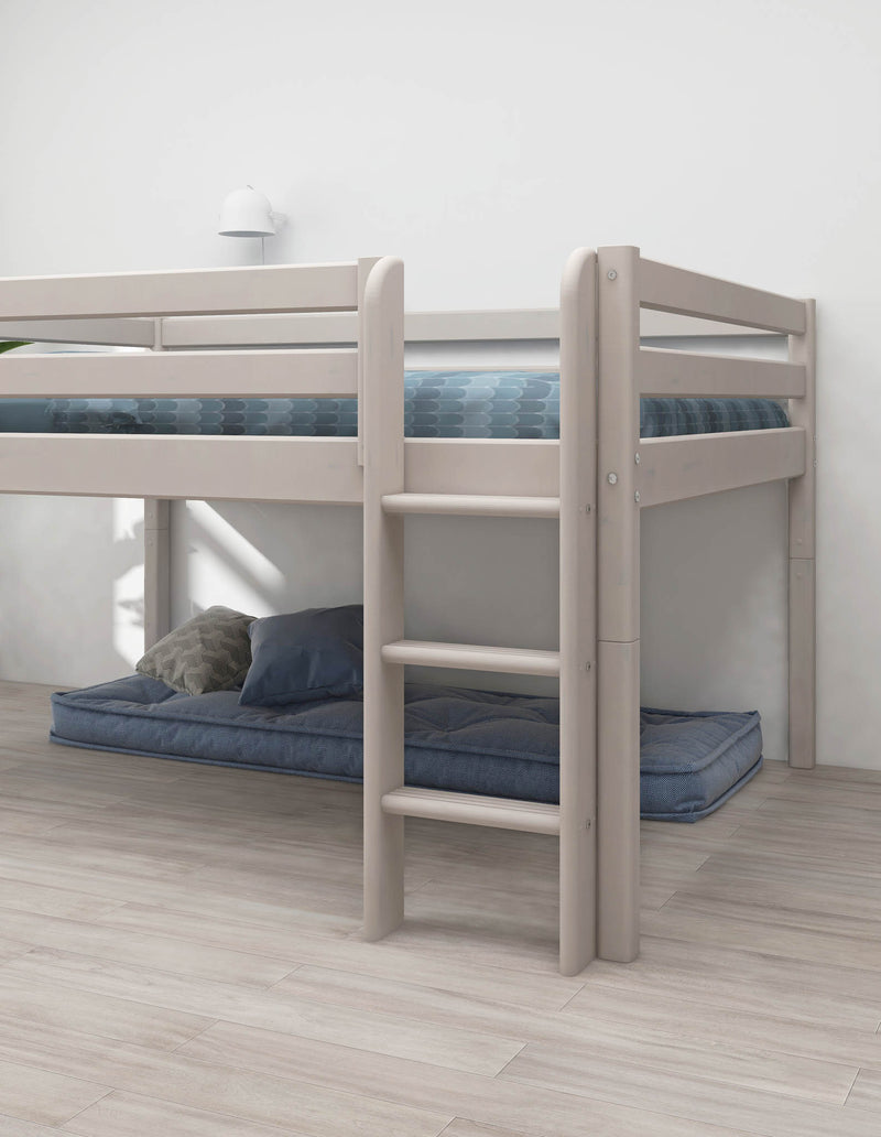 Mid-High Bed with Straight Ladder and Safety Rail, 140x200 cm, Grey