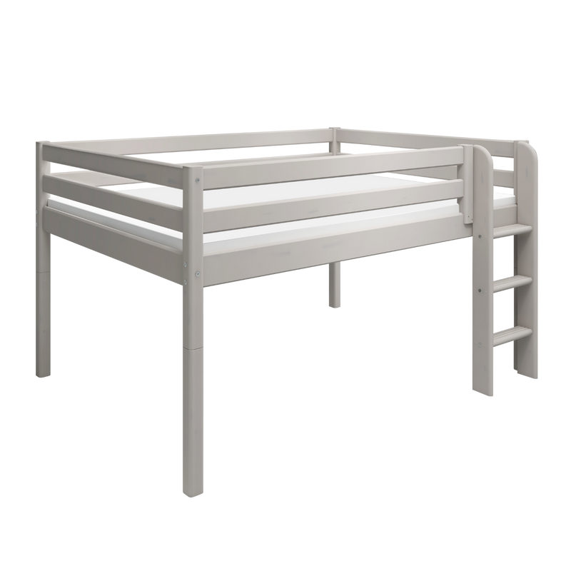 Mid-High Bed with Straight Ladder and Safety Rail, 140x200 cm, Grey