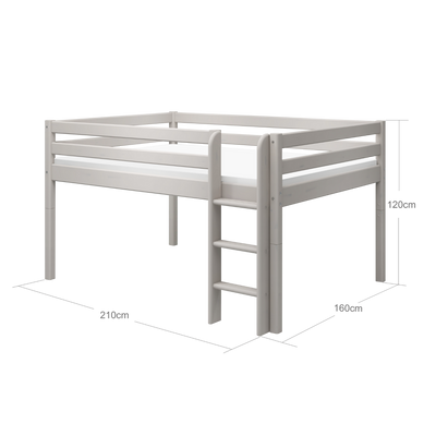 Mid-High Bed with Straight Ladder and Safety Rail, 140x200 cm, Grey