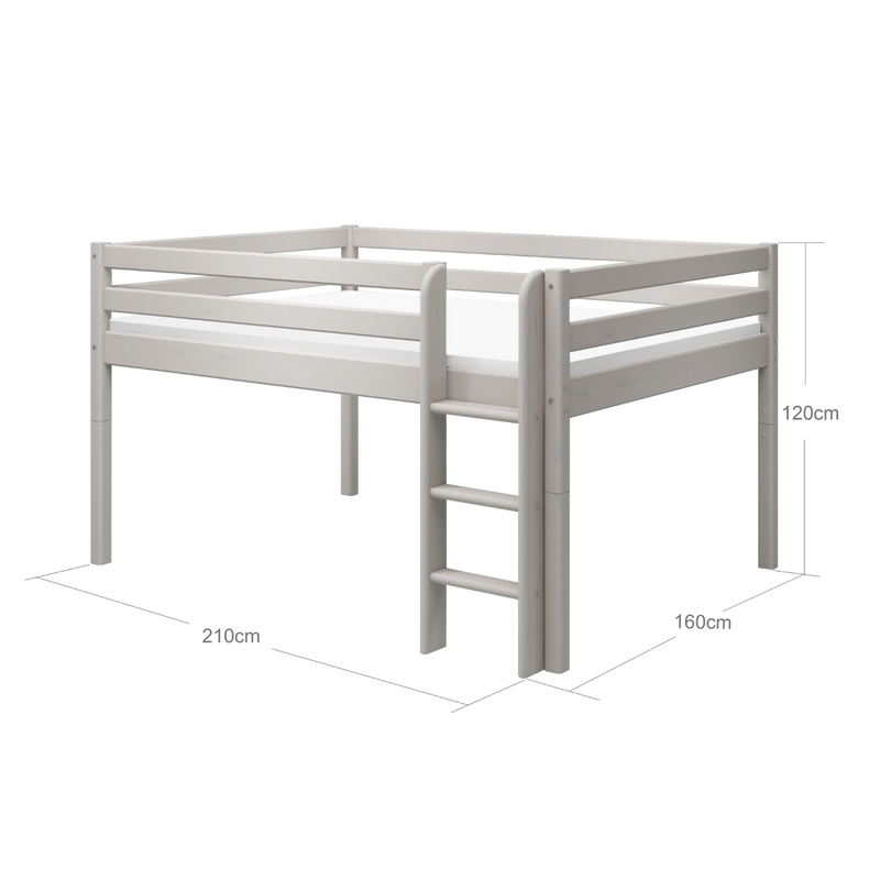 Mid-High Bed with Straight Ladder and Safety Rail, 140x200 cm, Grey