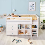 Mid-High Bed with Safety Rail and Ladder, 90x200 cm, White