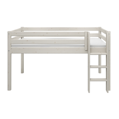 Mid-high Bed with Safety Rails and Straight Ladder, 90x200 cm, White