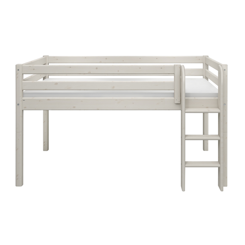 Mid-high Bed with Safety Rails and Straight Ladder, 90x200 cm, White