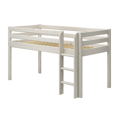 Mid-high Bed with Safety Rails and Straight Ladder, 90x200 cm, White