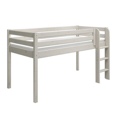 Mid-high Bed with Safety Rails and Straight Ladder, 90x200 cm, White