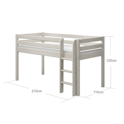 Mid-high Bed with Safety Rails and Straight Ladder, 90x200 cm, White