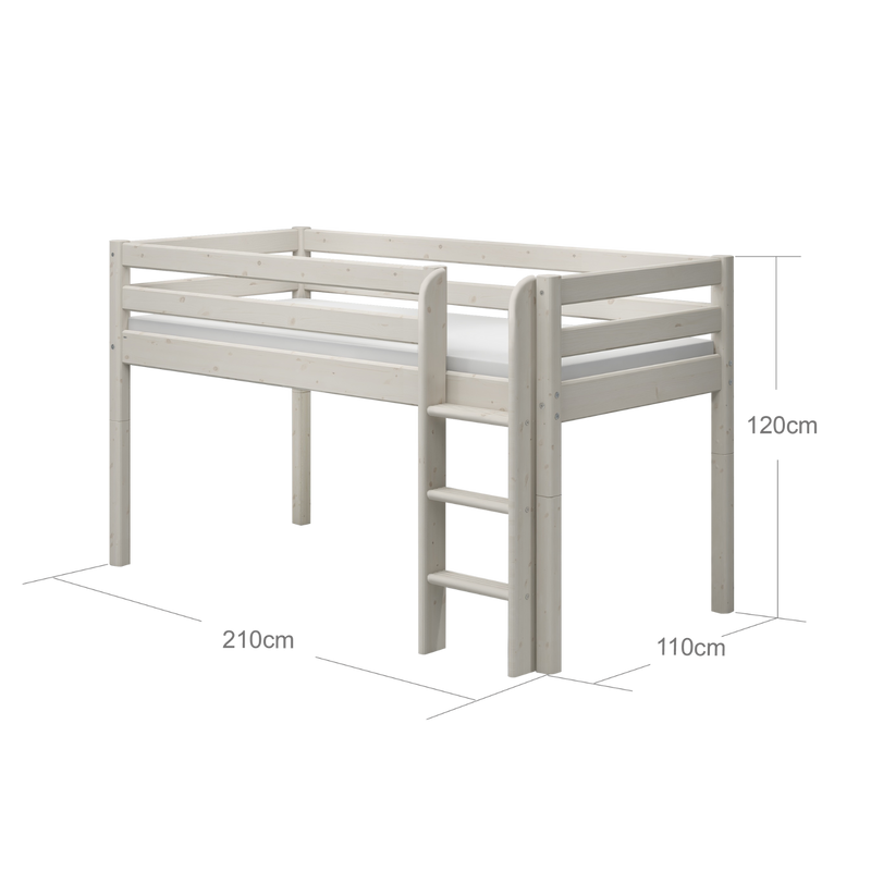 Mid-high Bed with Safety Rails and Straight Ladder, 90x200 cm, White