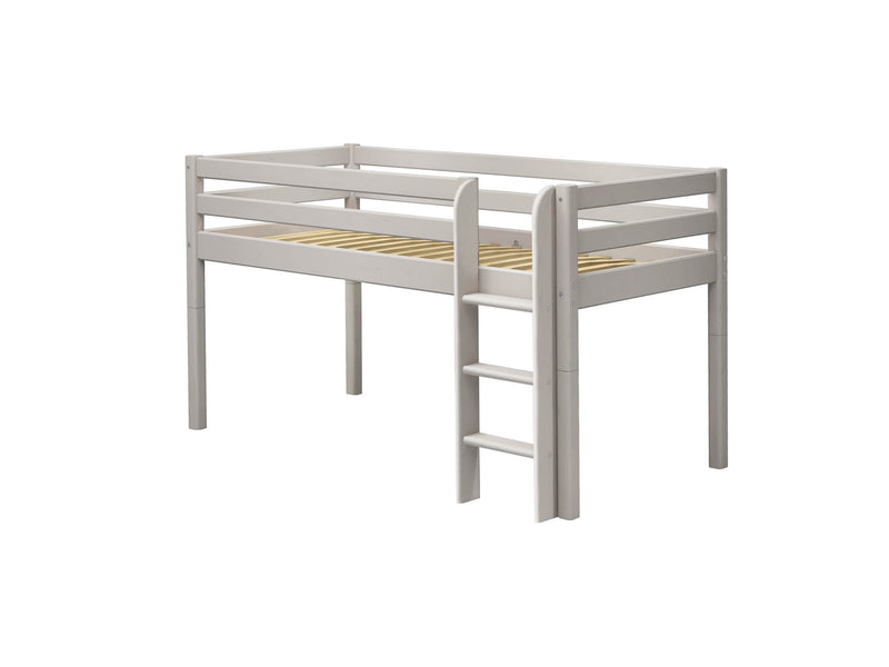 Mid-High Bed with Straight Ladder and Safety Rail, 90x200 cm, Grey