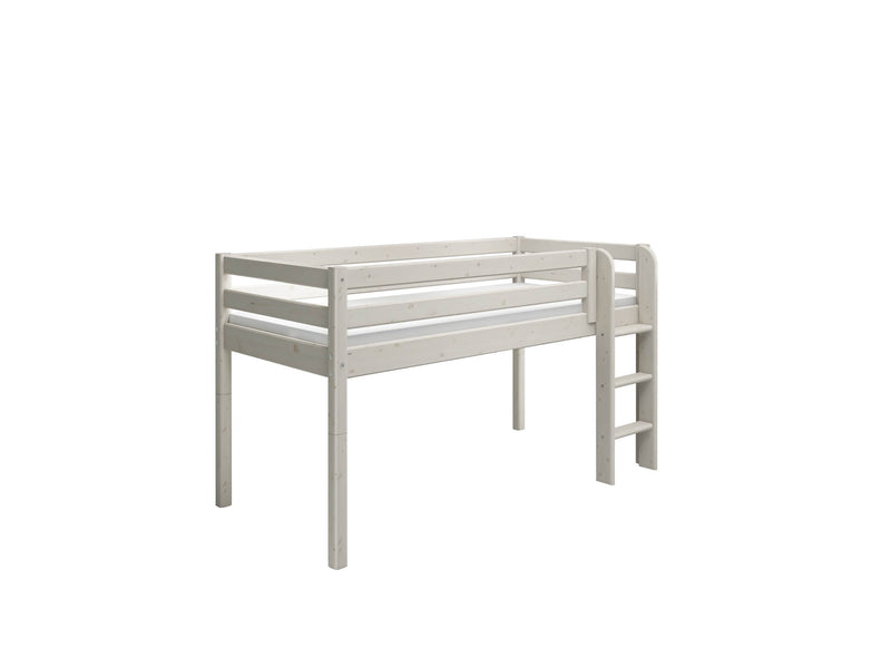 Mid-High Bed with Straight Ladder and Safety Rail, 90x200 cm, Grey