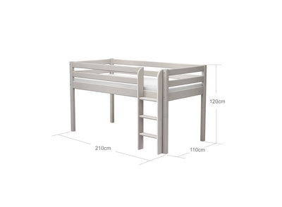 Mid-High Bed with Straight Ladder and Safety Rail, 90x200 cm, Grey