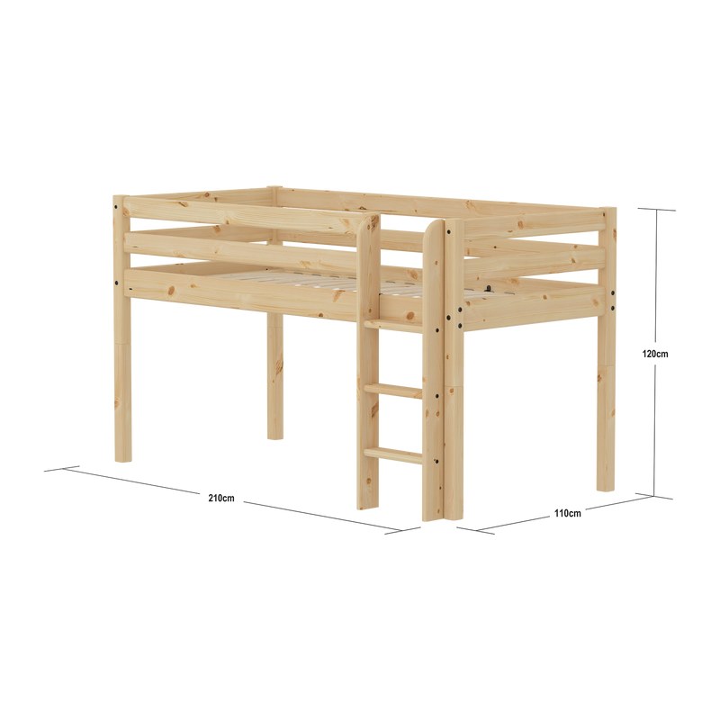 Mid-high Bed with Safety Rails, 90x200 cm, Pine