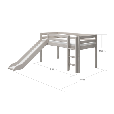 Mid-High Bed with Slide and Ladder, 90x200 cm, Grey